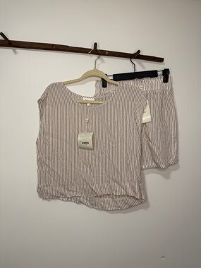 bohme Beige and White Striped Linen Relaxed Top and Shorts Set